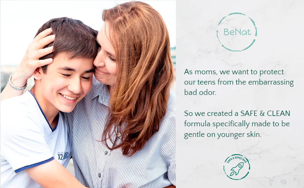 A caring moment between a mother and her son, emphasizing the importance of safe and clean formulas like BeNat All-Natural Deodorant Stick for Kids & Teens for younger skin.