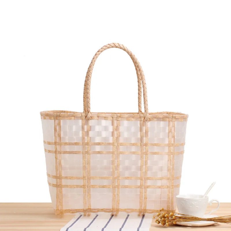 Fashion PVC Handwoven Check Tote Bag Transparent Jelly Beach Handbag - Glam Gurls