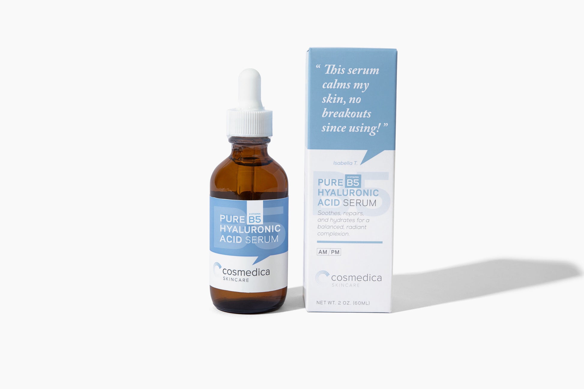 Cosmedica Skincare Hyaluronic Acid + Vitamin B5 Serum with packaging, emphasizing its calming effects and hydration properties.