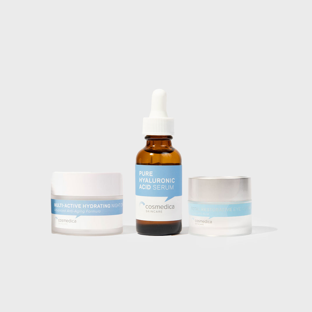 Cosmedica Skincare Intense Hydration Kit featuring Pure Hyaluronic Acid Serum, Multiactive Hydrating Night Cream, and Total Restorative Eye Cream, perfect for quenching thirsty skin.