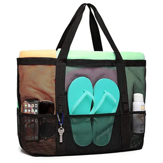 Large Mesh Beach Bag with 9 Pockets - Waterproof Tote for Towels, Toys, and Underwear - Glam Gurls