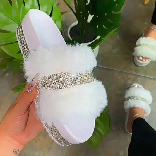 Luxury Designer Women Fur Rhinestone Slippers - Glam Gurls