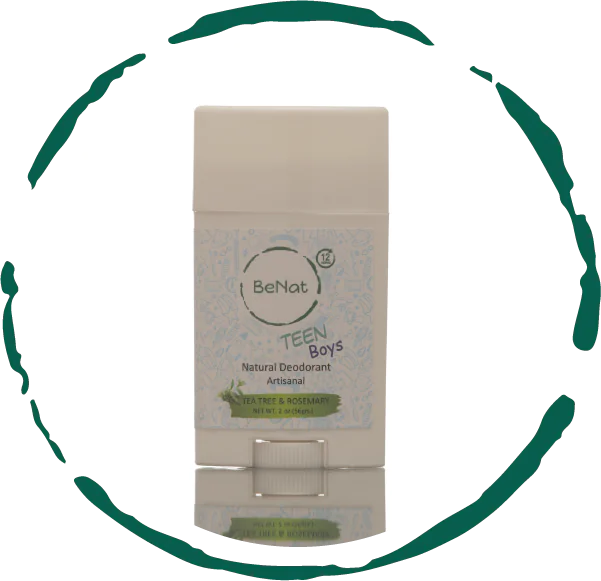 Close-up of BeNat All-Natural Deodorant Stick for Teens Boys featuring tea tree and rosemary, from GNS Beauty & Personal Care.
