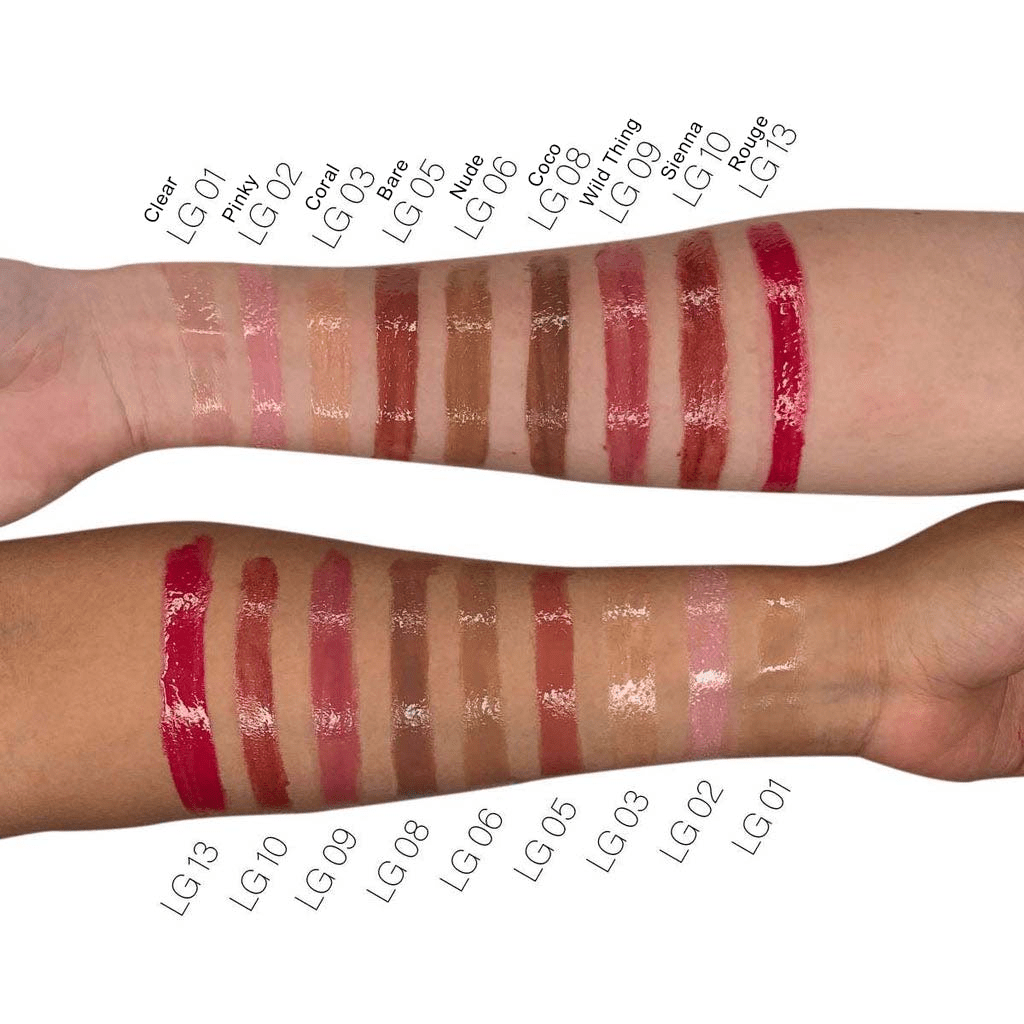 Swatches of lip gloss shades including Nude LG06 Lip Gloss by GNS Beauty & Personal Care, showcasing various finishes and colors on different skin tones.