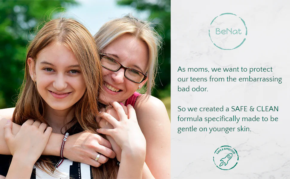 Mother and daughter smiling embracing each other, highlighting BeNat's commitment to a safe and clean formula for young skin.