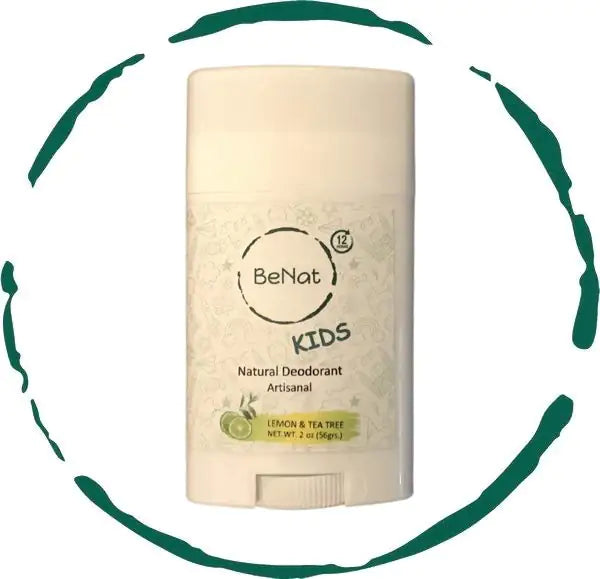 BeNat All-Natural Deodorant Stick for Kids & Teens focusing on the Kids version, featuring a lemon and tea tree scent in a kid-friendly package.