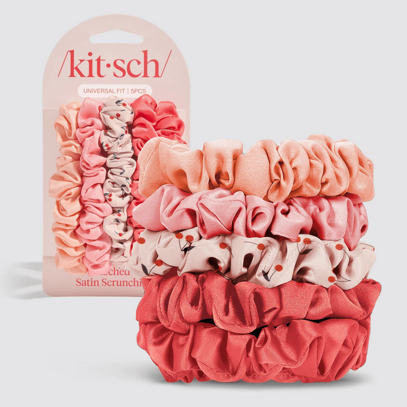 Ruched Satin Scrunchies 5pc Set - Assorted Cherry Blossom - Glam Gurls