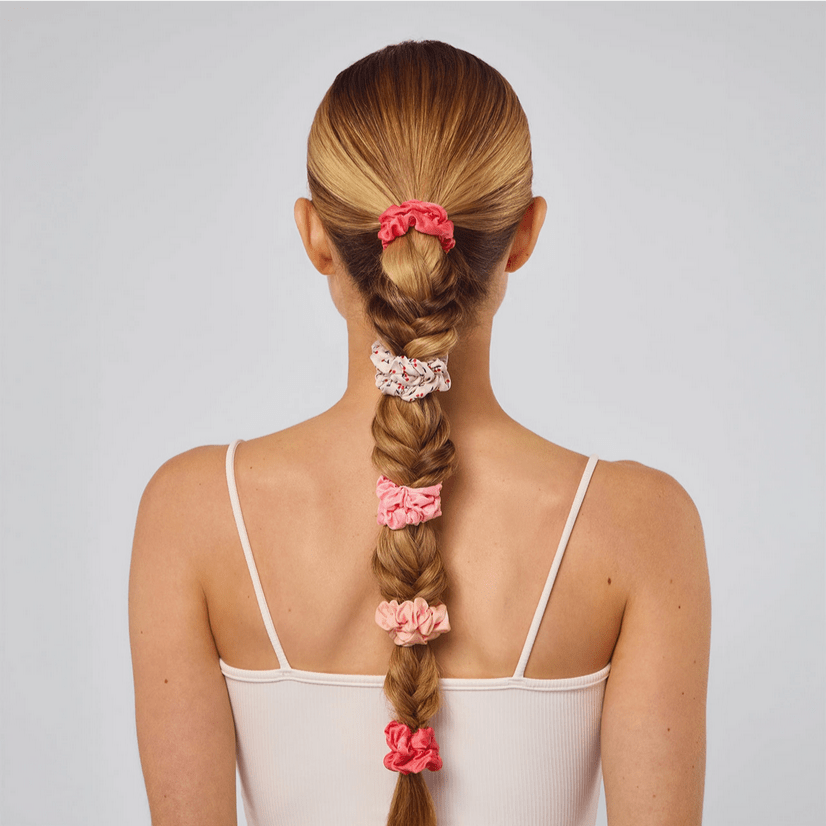 Ruched Satin Scrunchies 5pc Set - Assorted Cherry Blossom - Glam Gurls