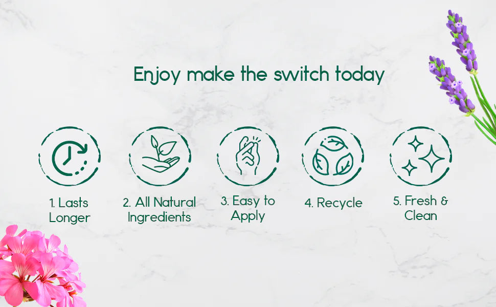 Enjoy the benefits of BeNat All-Natural Deodorant Stick for Kids & Teens, featuring five key points: longer-lasting freshness, all-natural ingredients, easy application, recyclable packaging, and a fresh and clean scent.