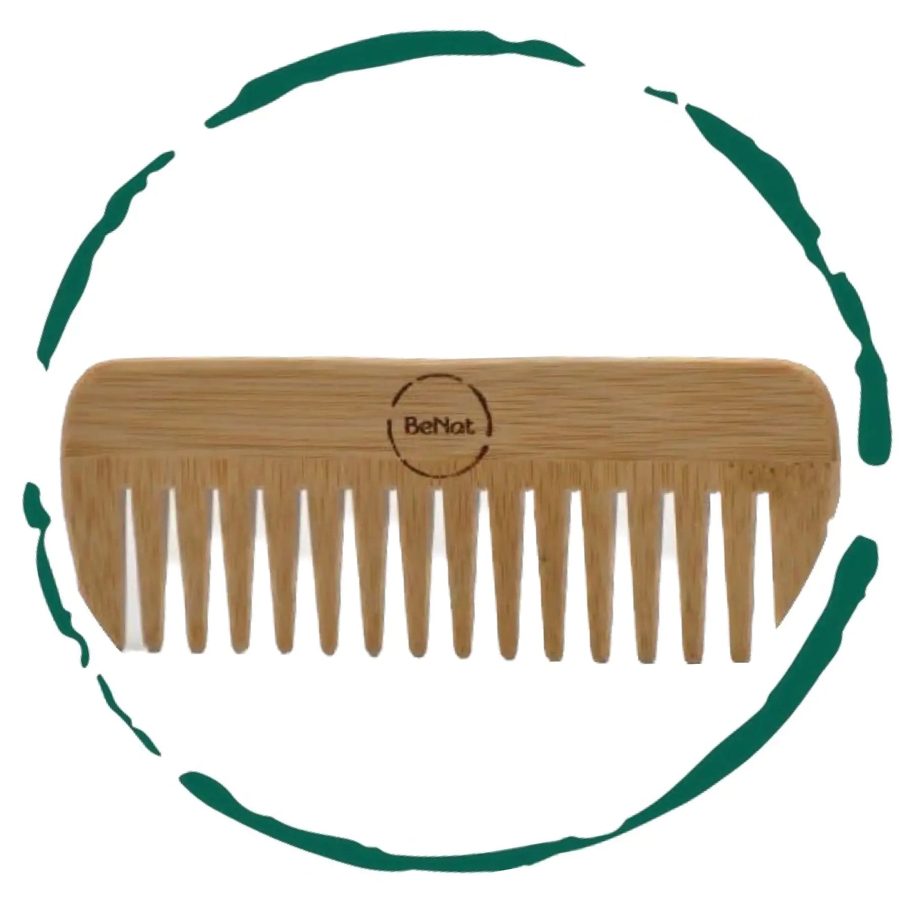 Close-up view of BeNat Eco-Friendly Bamboo Hair Comb with a circular design element - eco-friendly grooming tool for sustainable hair care.