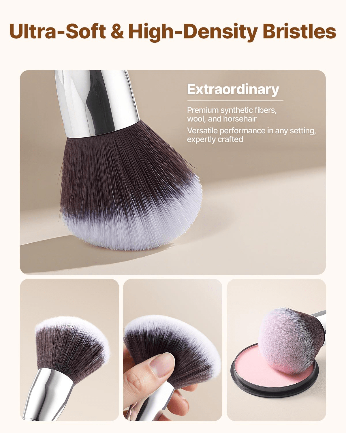 Close-up of an ultra-soft makeup brush from the VEVOR 34-Piece Makeup Brush Set, featuring high-density bristles expertly crafted for smooth application, available at GNS Beauty & Personal Care.