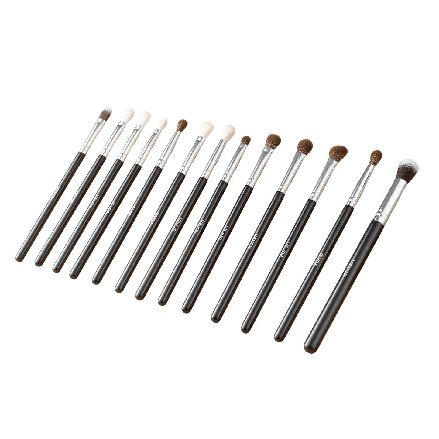 A selection of VEVOR makeup brushes arranged in a row, emphasizing their high-quality materials and ergonomic design, featured in the VEVOR 34-Piece Makeup Brush Set from GNS Beauty & Personal Care.