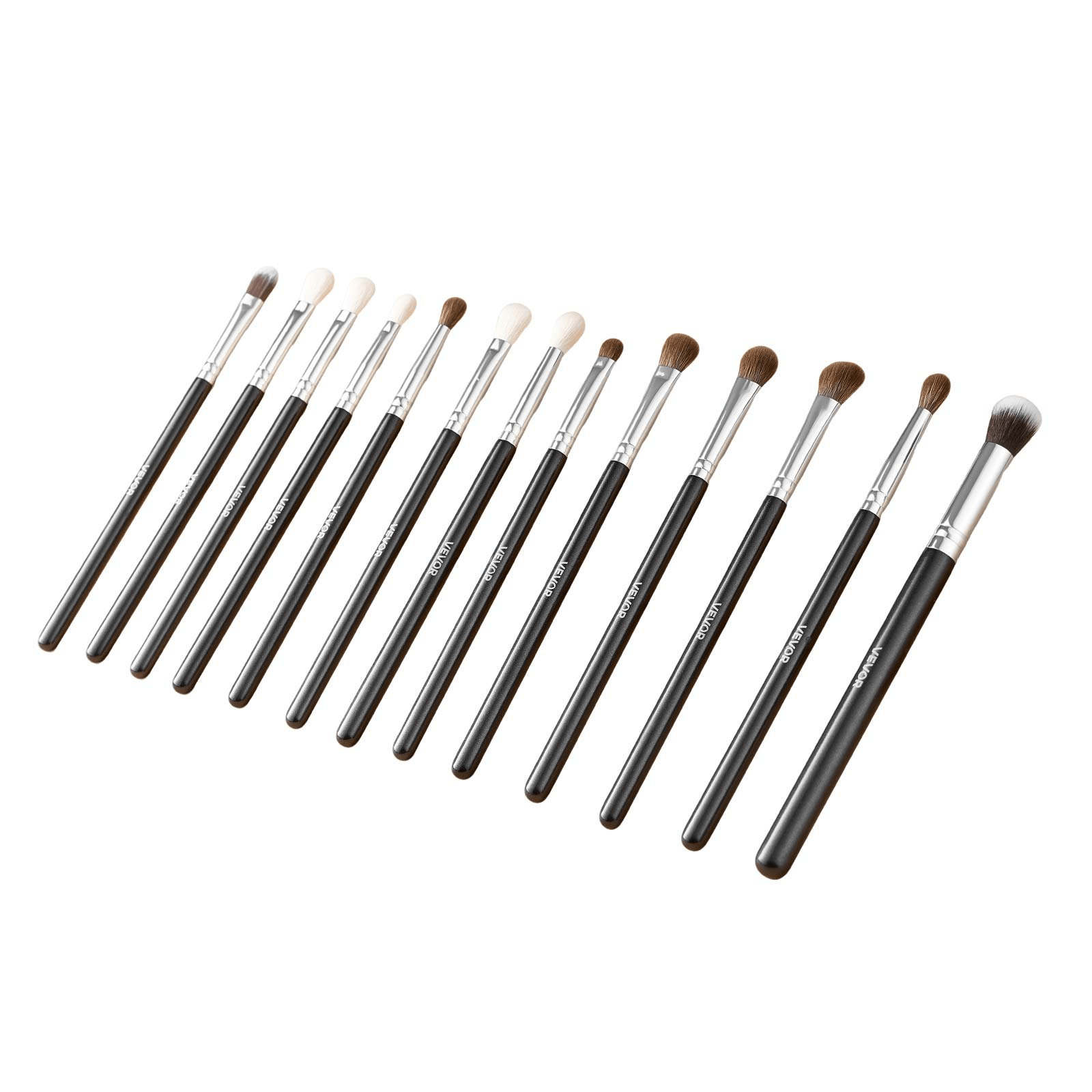 A selection of VEVOR makeup brushes arranged in a row, emphasizing their high-quality materials and ergonomic design, featured in the VEVOR 34-Piece Makeup Brush Set from GNS Beauty & Personal Care.