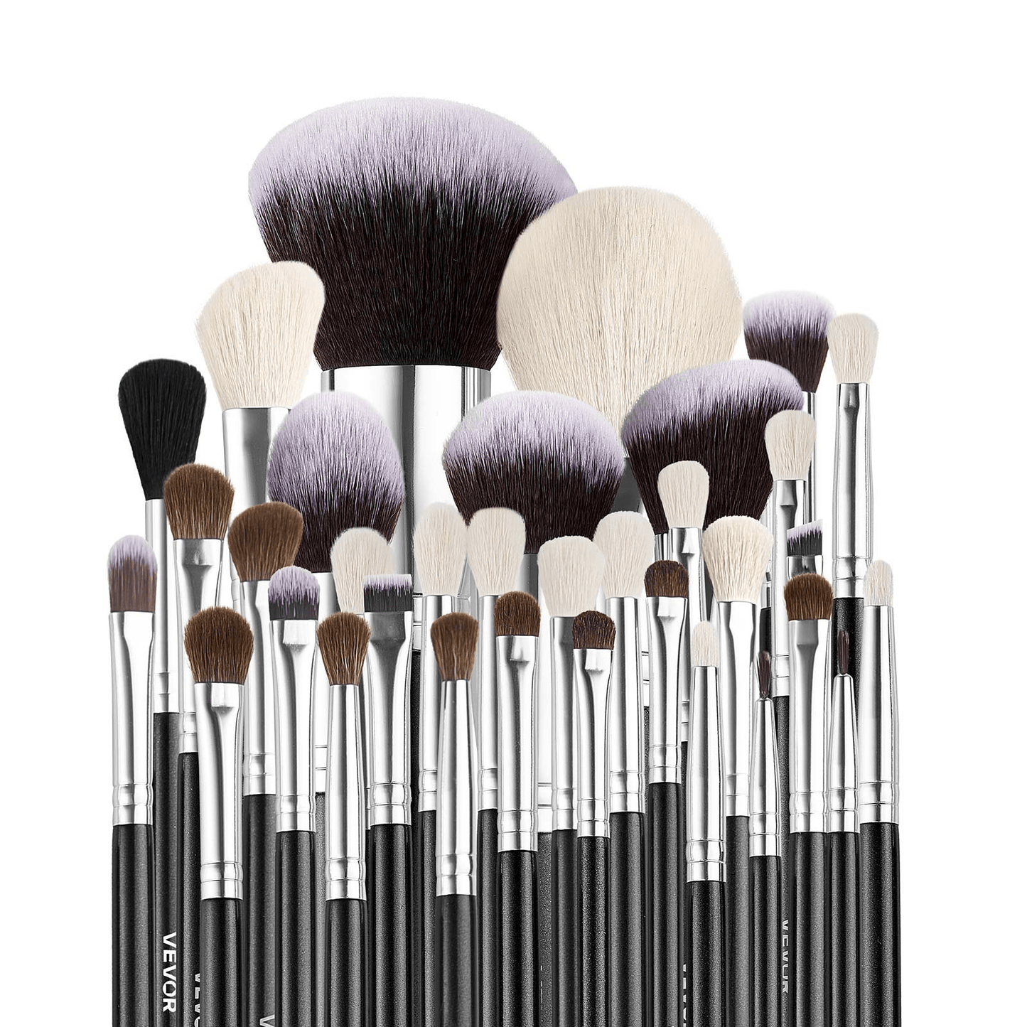 A vibrant assortment of VEVOR makeup brushes showcasing ultra-soft bristles and sleek handles, perfect for creating a variety of looks, part of the VEVOR 34-Piece Makeup Brush Set by GNS Beauty & Personal Care.