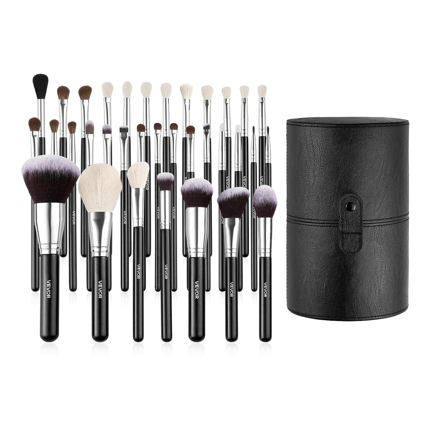 The VEVOR 34-Piece Makeup Brush Set displayed with a stylish storage case, featuring a diverse array of brushes for professional makeup application, available from GNS Beauty & Personal Care.