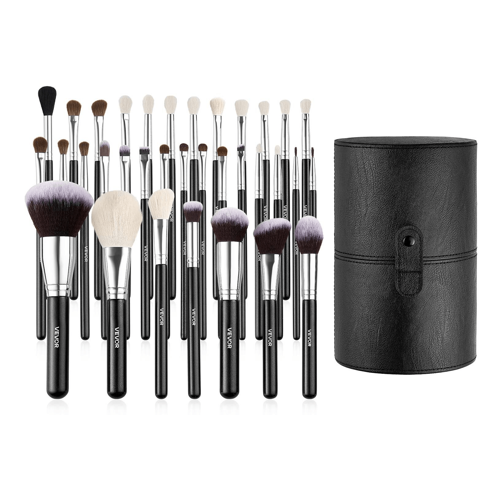 The VEVOR 34-Piece Makeup Brush Set displayed with a stylish storage case, featuring a diverse array of brushes for professional makeup application, available from GNS Beauty & Personal Care.