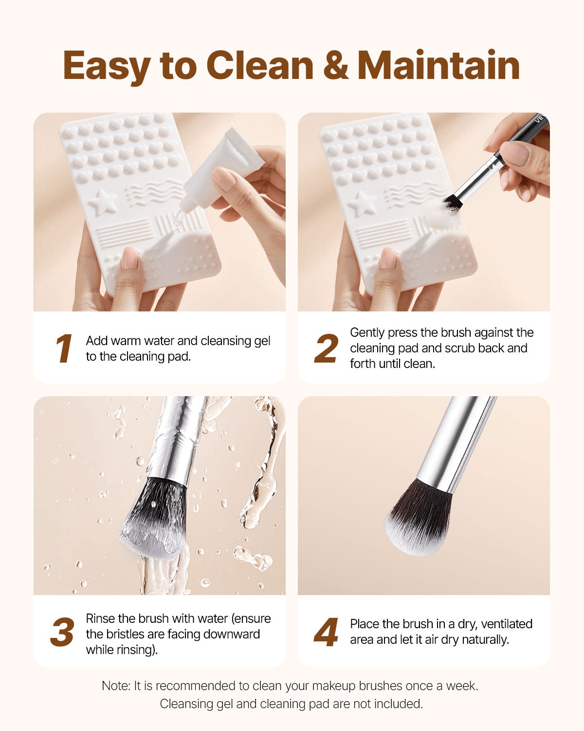 A step-by-step guide on how to clean and maintain the brushes from the VEVOR 34-Piece Makeup Brush Set, ensuring longevity and optimal performance, shared by GNS Beauty & Personal Care.