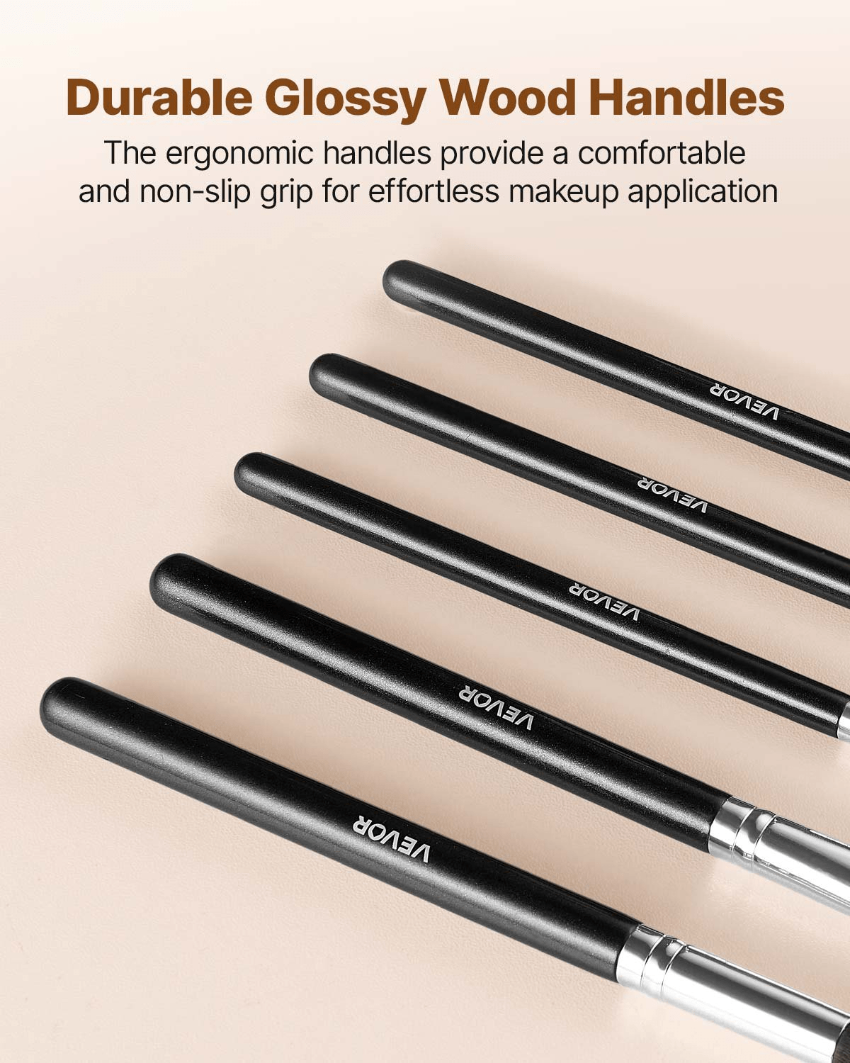 Showcasing the durable glossy wood handles of the VEVOR 34-Piece Makeup Brush Set, designed for comfort and a non-slip grip for effortless makeup application, from GNS Beauty & Personal Care.