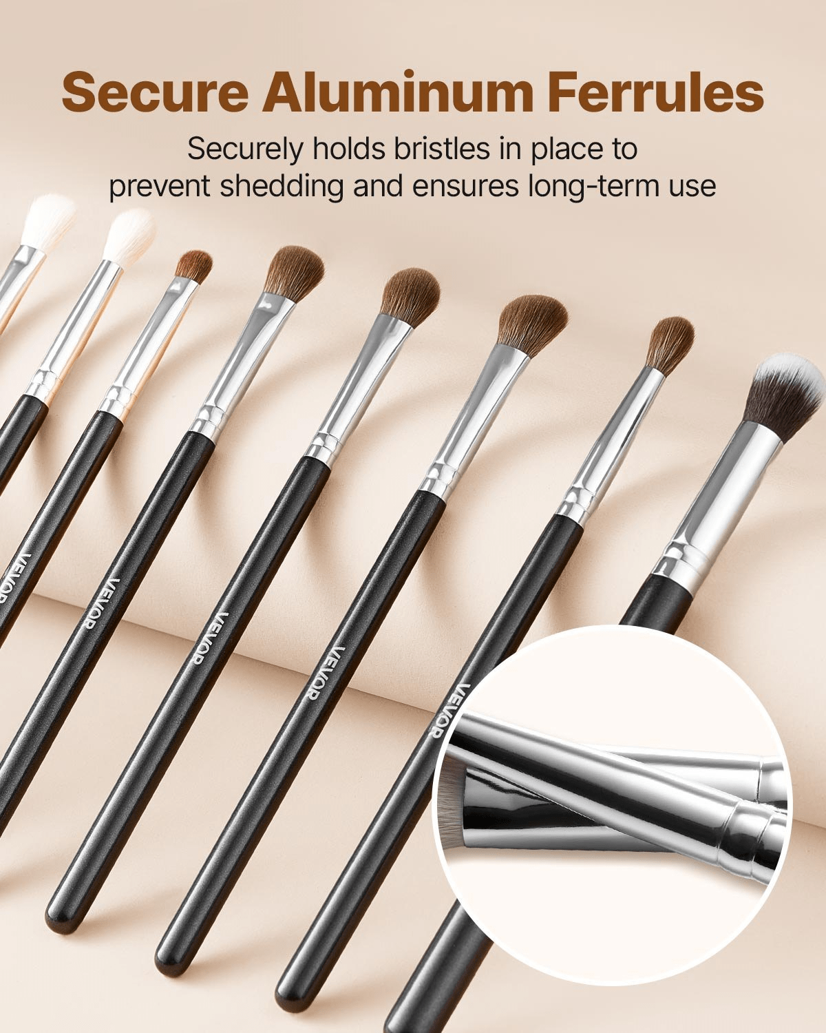 Image highlighting the secure aluminum ferrules on the VEVOR 34-Piece Makeup Brush Set, ensuring long-lasting use and preventing shedding, offered by GNS Beauty & Personal Care.