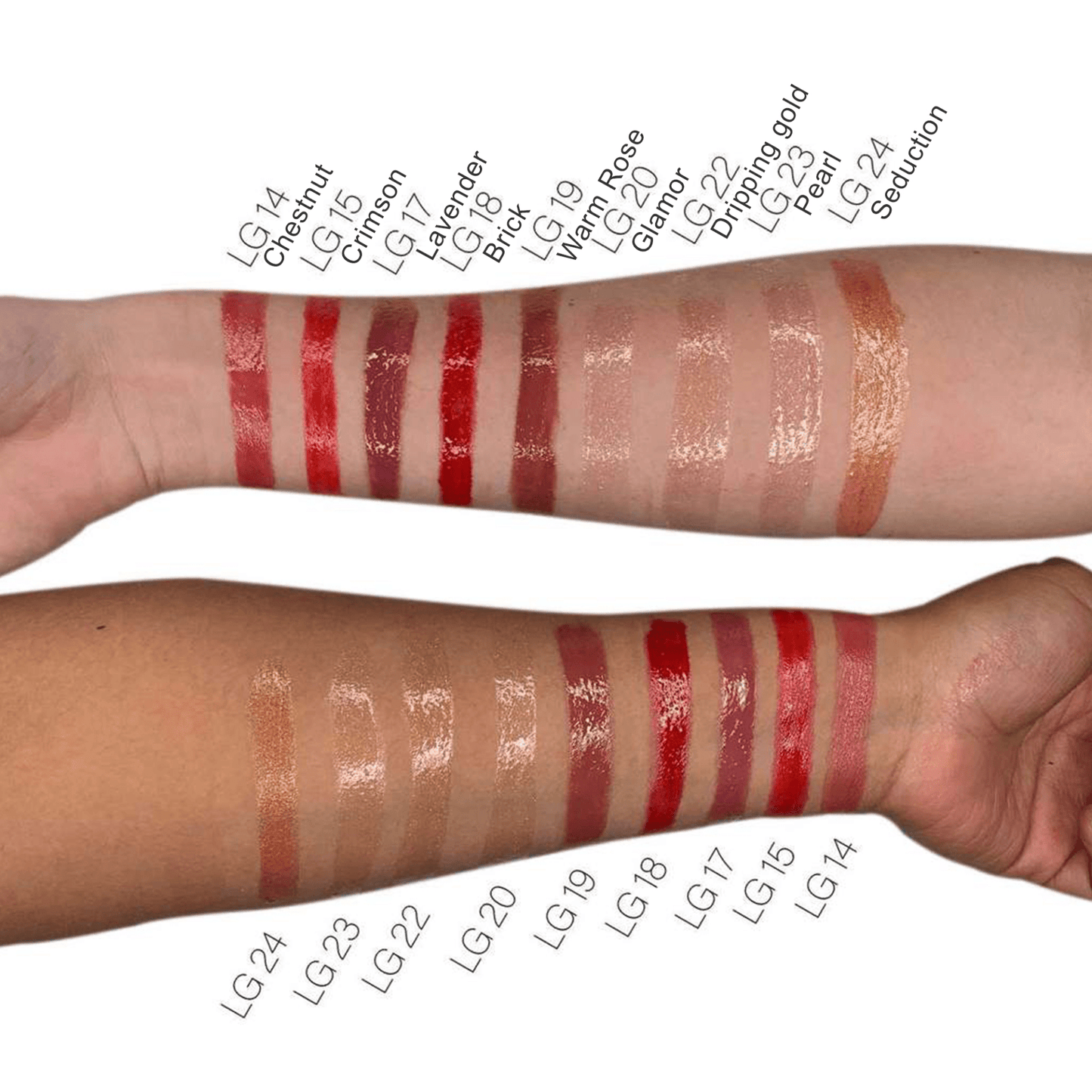 Swatch display of Warm Rose LG19 Lip Gloss and other shades from GNS Beauty & Personal Care, highlighting its beautiful sheer tint on skin.