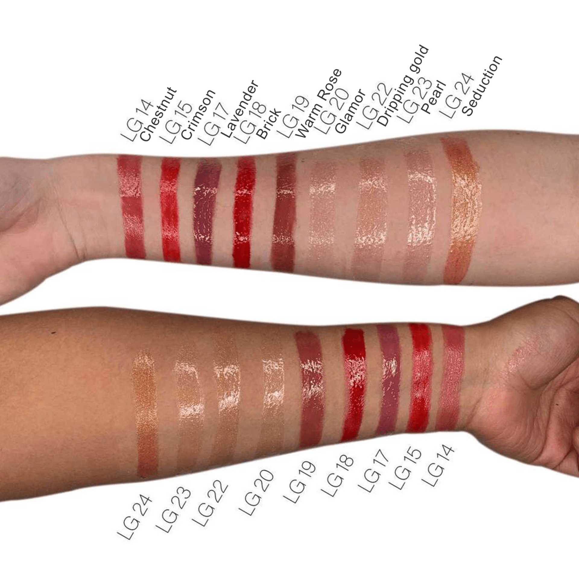 Swatch display of Warm Rose LG19 Lip Gloss and other shades from GNS Beauty & Personal Care, highlighting its beautiful sheer tint on skin.