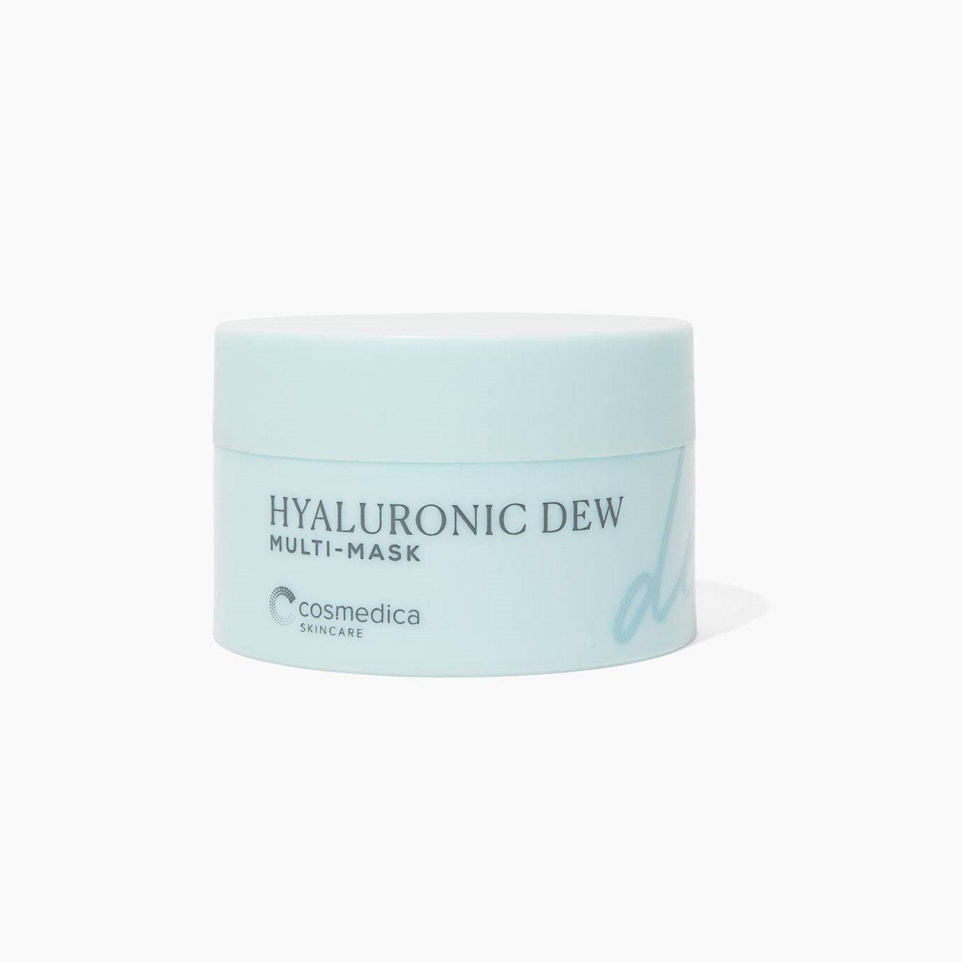 Cosmedica Skincare's Hyaluronic Dew Multi-Mask in a light blue jar, designed for intense hydration and rejuvenation of dull skin.