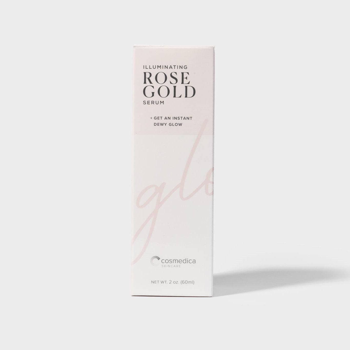 Cosmedica Skincare Illuminating Rose Gold Facial Serum box featuring elegant design and product details, perfect for achieving a radiant skin glow.