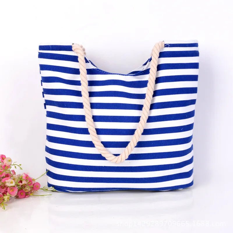 Women's Striped Canvas Tote Bag Large Capacity Shoulder Beach Bag - Glam Gurls